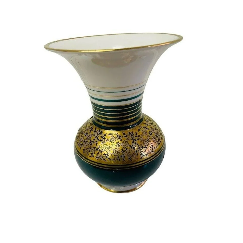 Weimar Porzellan Christa Vase Germany Green Gold Floral Striped Porcelain 584 46